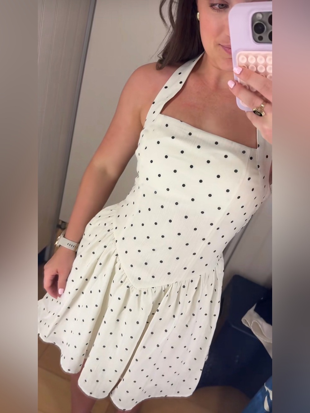 Sincerely Jules Cream Halter Mini Dress with Black Polka Dots - Picture 2 of 6
